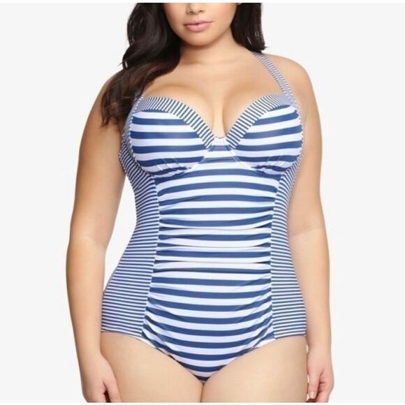 Torrid blue & white striped ruched pinup girl 5x one piece swimsuit - Picture 1 of 6